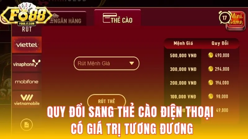 Quy đổi sang thẻ cào điện thoại có giá trị tương đương